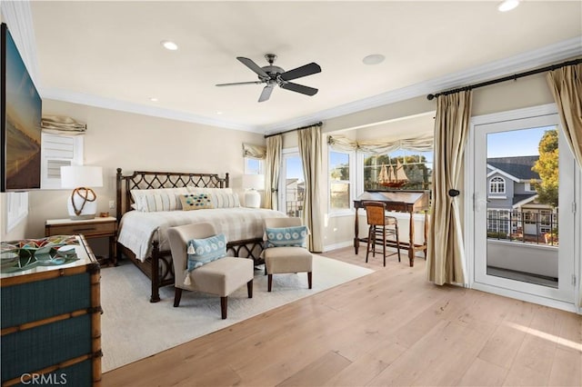 bedroom featuring access to exterior, ornamental molding, ceiling fan, and light wood-type flooring