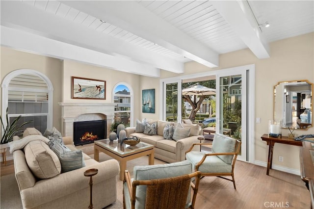 living room featuring beam ceiling, light hardwood / wood-style floors, and rail lighting