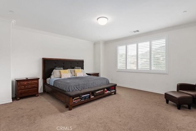 carpeted bedroom featuring ornamental molding