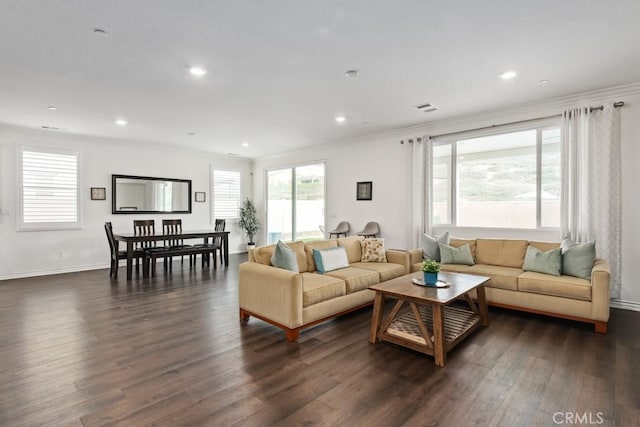 living room featuring ornamental molding and dark hardwood / wood-style floors