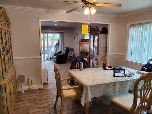 dining room with ornamental molding, light hardwood / wood-style floors, and ceiling fan