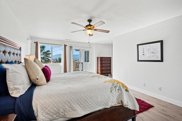 bedroom with ceiling fan, access to outside, and light wood-type flooring