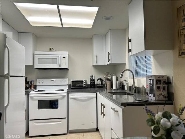 kitchen with dark countertops, white appliances, white cabinetry, and a sink