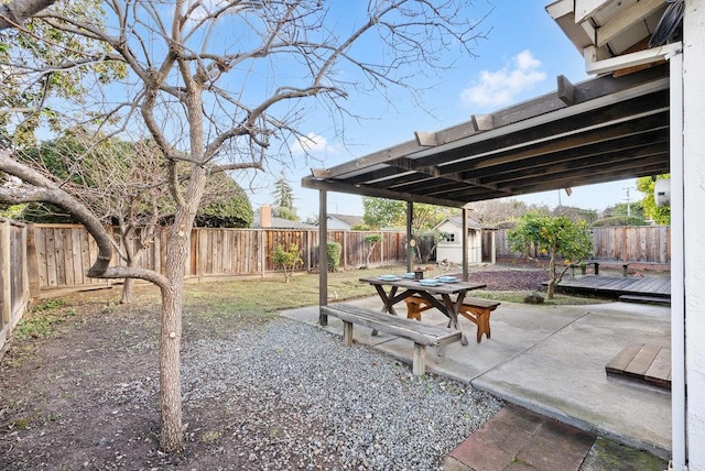 view of yard with a shed and a patio