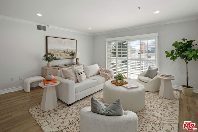 living room with crown molding and light hardwood / wood-style flooring