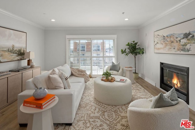 living room featuring ornamental molding and light wood-type flooring