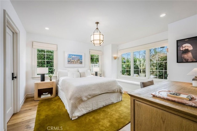 bedroom featuring multiple windows and light wood-type flooring