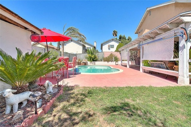 view of pool with a patio area and a lawn