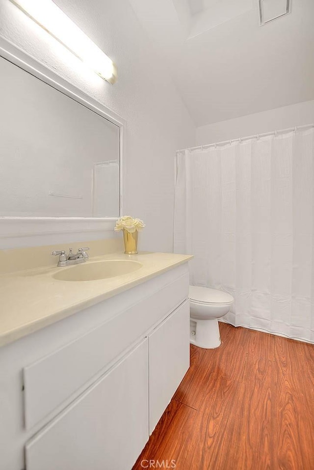 bathroom with wood-type flooring, vanity, and toilet