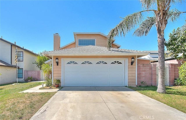 view of front of property with a garage and a front lawn