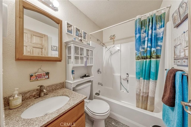 bathroom with a textured wall, toilet, shower / bathtub combination with curtain, a textured ceiling, and vanity