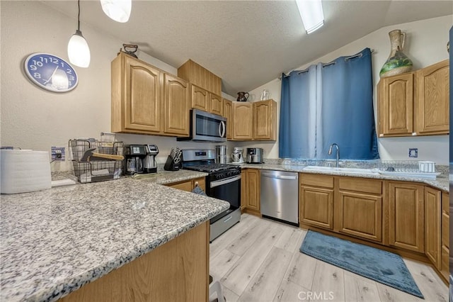 kitchen with appliances with stainless steel finishes, lofted ceiling, light wood-style floors, and a sink