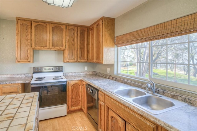 kitchen featuring dishwasher, sink, white electric range, and light wood-type flooring