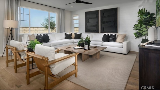 living room featuring ceiling fan and light hardwood / wood-style flooring