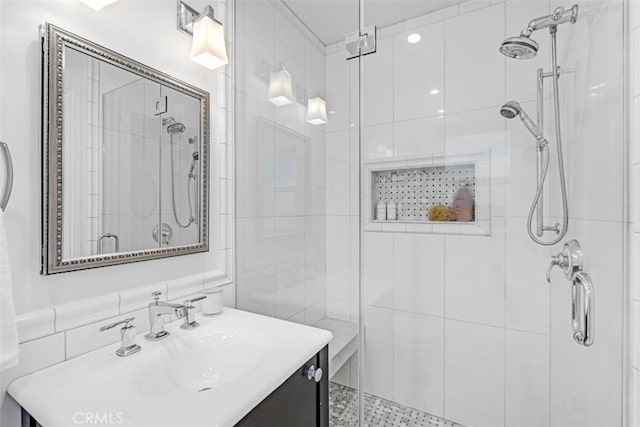 bathroom featuring vanity and walk in shower