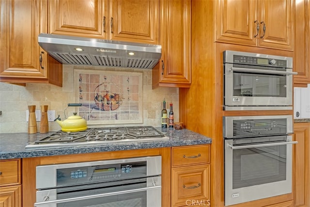 kitchen featuring appliances with stainless steel finishes, backsplash, and range hood