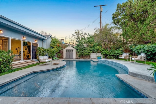 view of swimming pool featuring a storage unit and a patio area