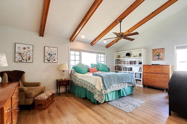 bedroom featuring lofted ceiling with beams, ceiling fan, and light hardwood / wood-style floors