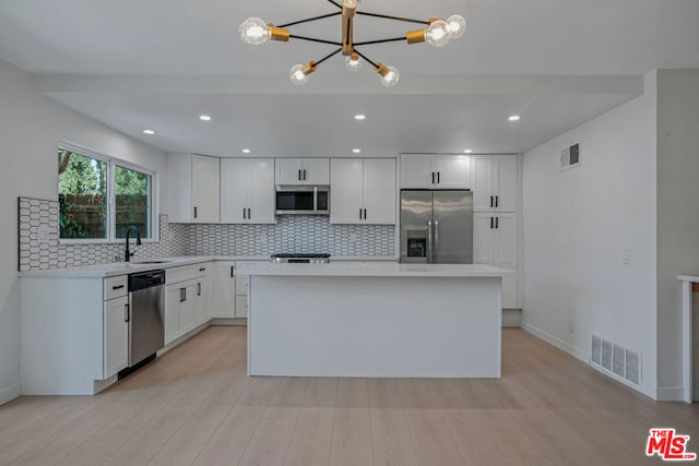 kitchen featuring backsplash, stainless steel appliances, white cabinets, and a kitchen island