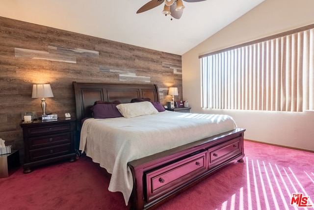 carpeted bedroom featuring ceiling fan and lofted ceiling