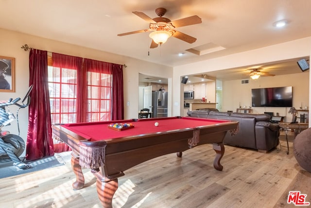 game room featuring ceiling fan, pool table, and light wood-type flooring