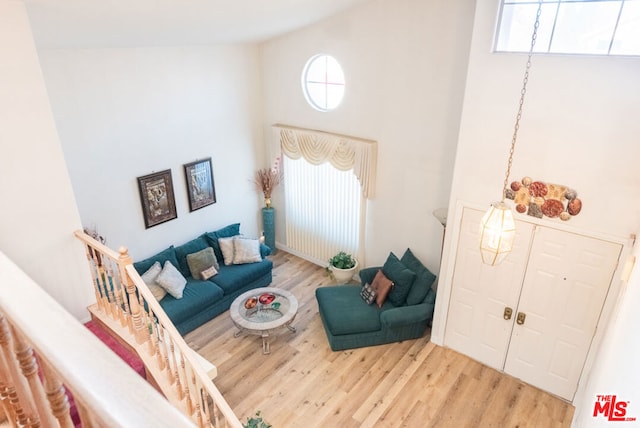 living room featuring wood-type flooring, a wealth of natural light, and high vaulted ceiling