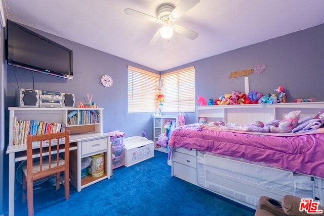 bedroom with dark carpet and ceiling fan