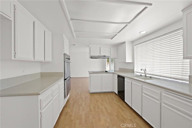 kitchen featuring light countertops, light wood-type flooring, white cabinetry, and a sink