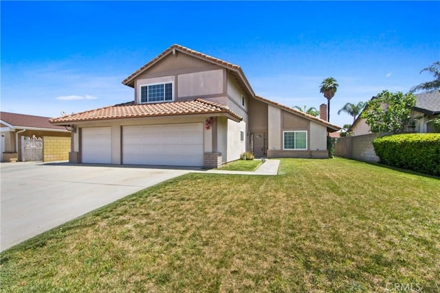 view of front of house featuring fence, a front lawn, a tile roof, stucco siding, and driveway