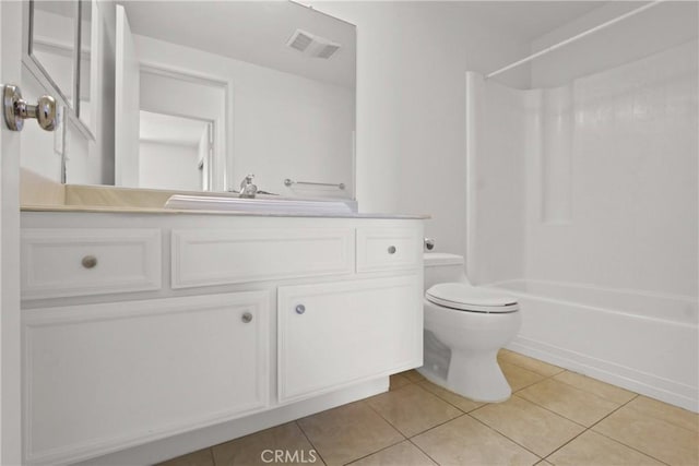 bathroom with visible vents, tile patterned flooring, vanity, toilet, and tub / shower combination