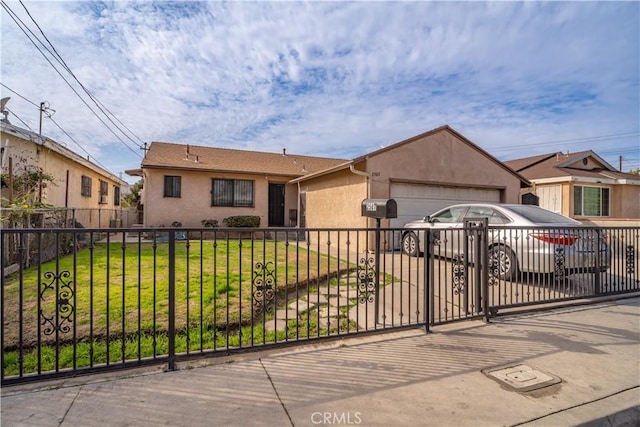 ranch-style house featuring a garage and a front yard