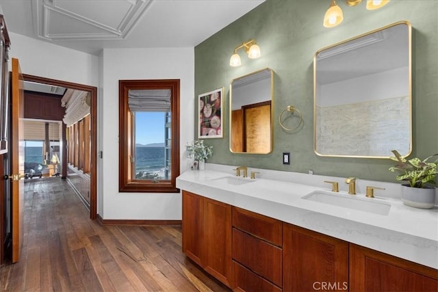 bathroom featuring vanity and hardwood / wood-style flooring