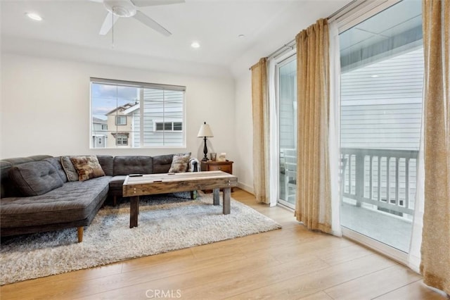 living room featuring ceiling fan and light wood-type flooring