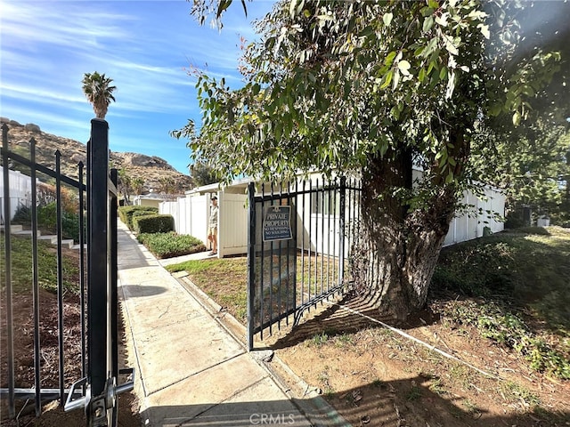 view of gate featuring fence and a mountain view