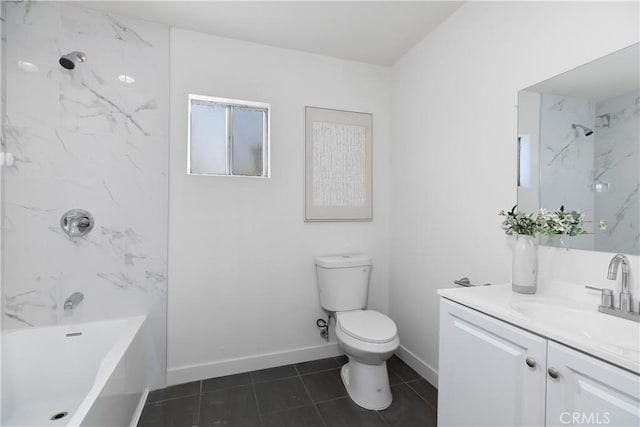full bath featuring baseboards, toilet,  shower combination, vanity, and tile patterned flooring