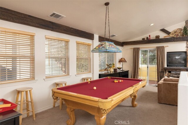 game room with pool table, carpet floors, and vaulted ceiling