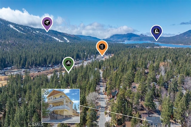 birds eye view of property with a forest view and a mountain view