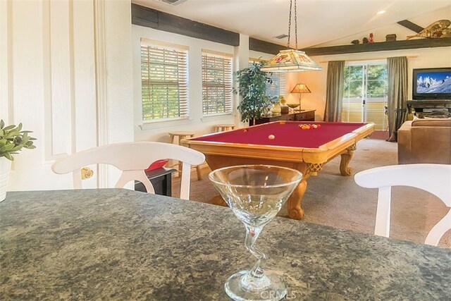 recreation room featuring vaulted ceiling and billiards