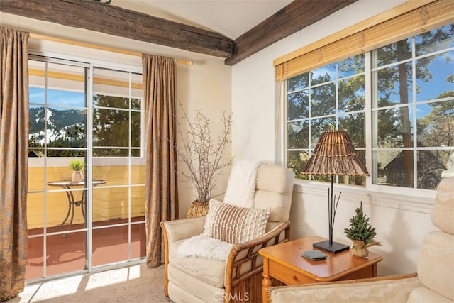 living area featuring a mountain view and beamed ceiling