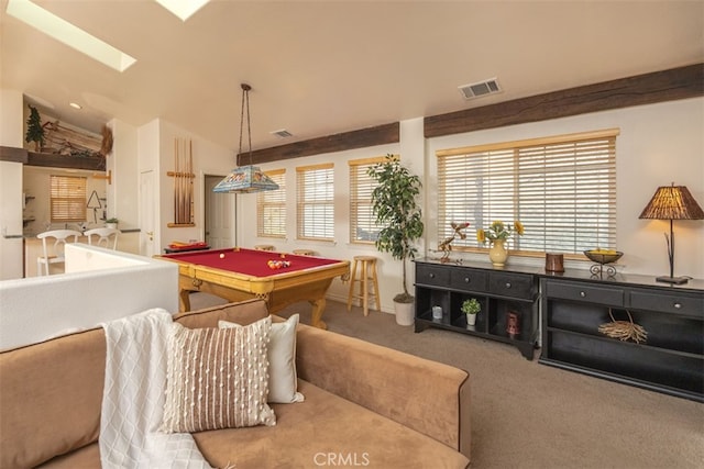 rec room featuring lofted ceiling with skylight, carpet, billiards, and visible vents