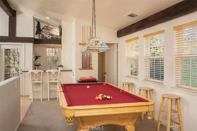 rec room featuring billiards, lofted ceiling with beams, and carpet