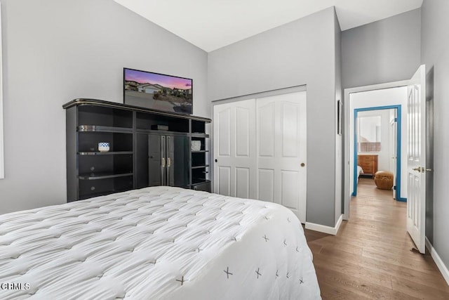 bedroom with hardwood / wood-style floors and a closet