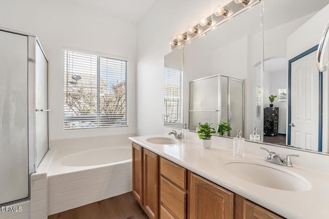 bathroom featuring vanity, wood-type flooring, and plus walk in shower