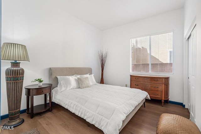 bedroom featuring dark hardwood / wood-style flooring and a closet