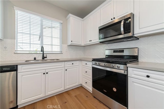 kitchen featuring sink, white cabinets, decorative backsplash, stainless steel appliances, and light wood-type flooring