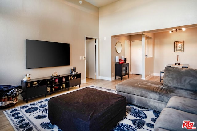 living room featuring a towering ceiling and light hardwood / wood-style flooring