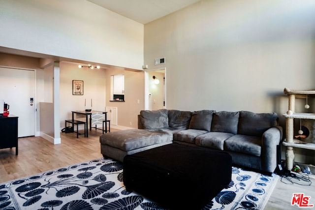 living room with a high ceiling and light wood-type flooring