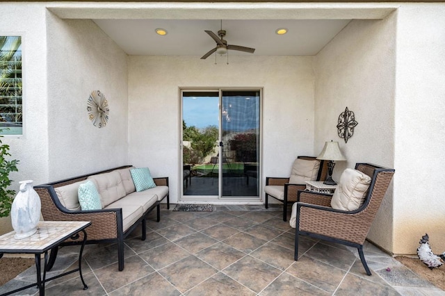 view of patio / terrace featuring ceiling fan and outdoor lounge area