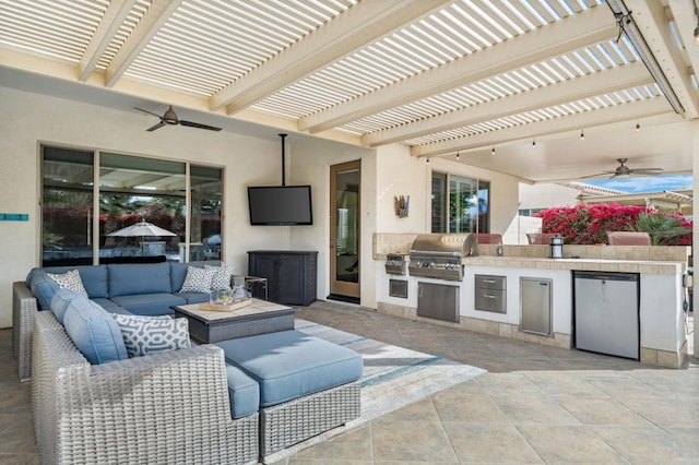 view of patio / terrace featuring an outdoor living space, a pergola, grilling area, and an outdoor kitchen