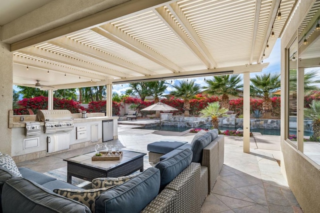 view of patio featuring an outdoor kitchen, a grill, outdoor lounge area, and a pergola